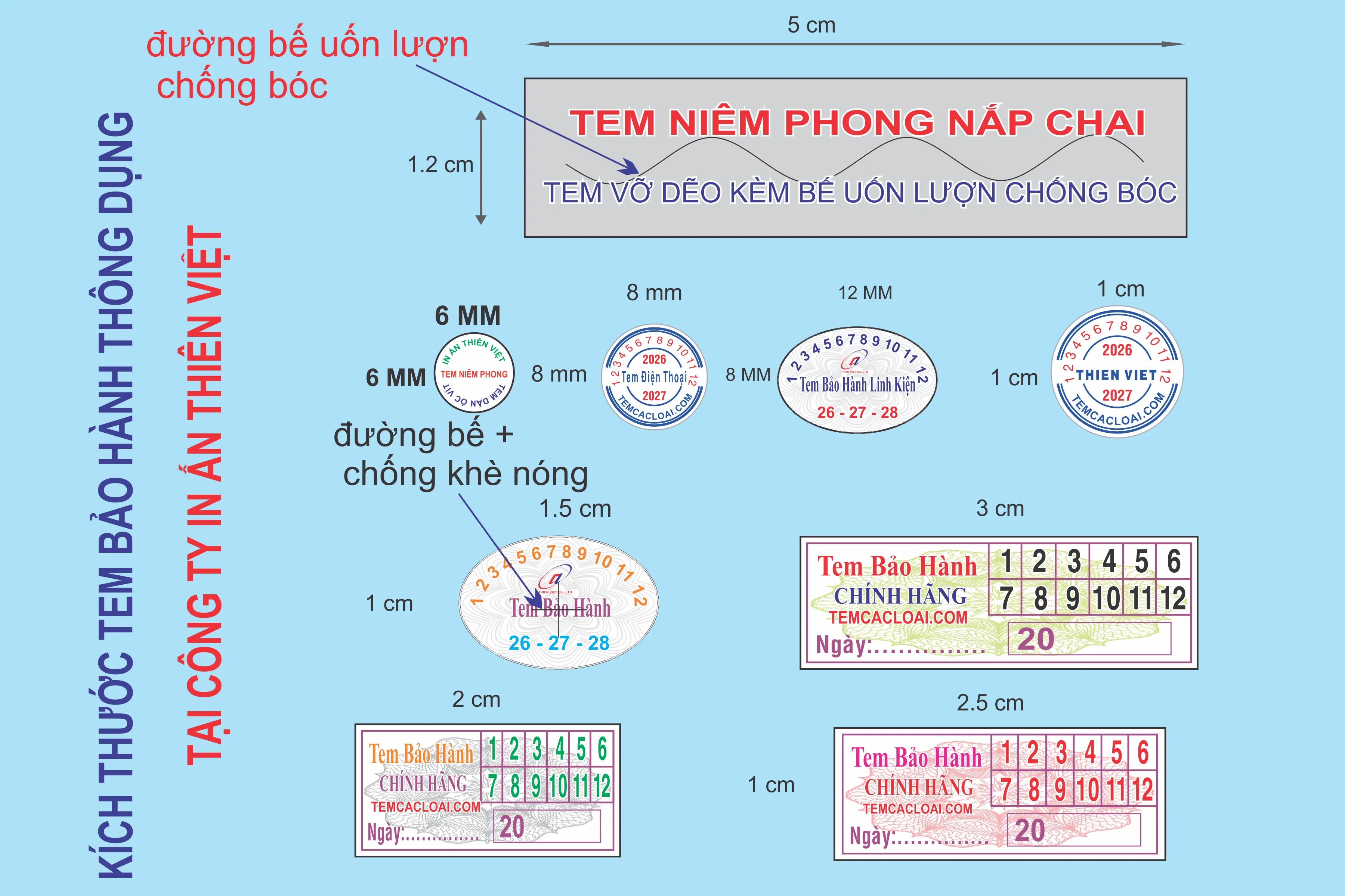 Kích thước tem bảo hành thông dụng Các loại kích thước tem bảo hành, tem vỡ thông dụng - Xưởng in tem nhãn Thiên Việt