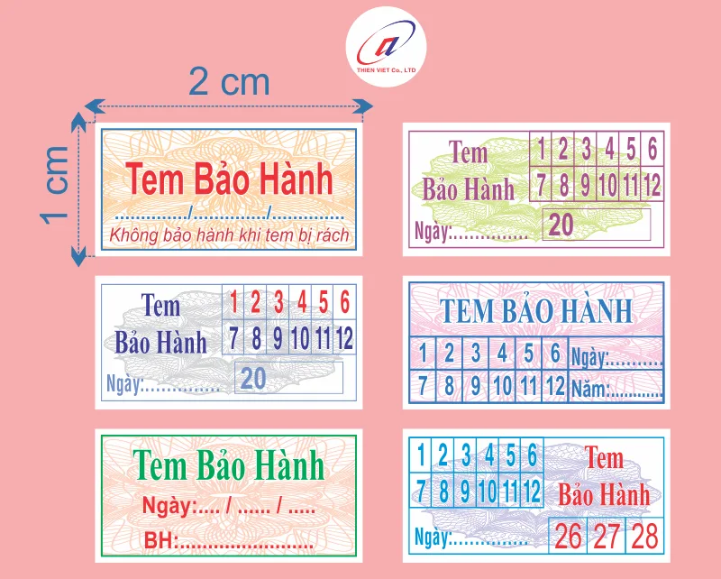 Mẫu in tem bảo hành kích thước 1x2cm tại Công ty in ấn Thiên Việt