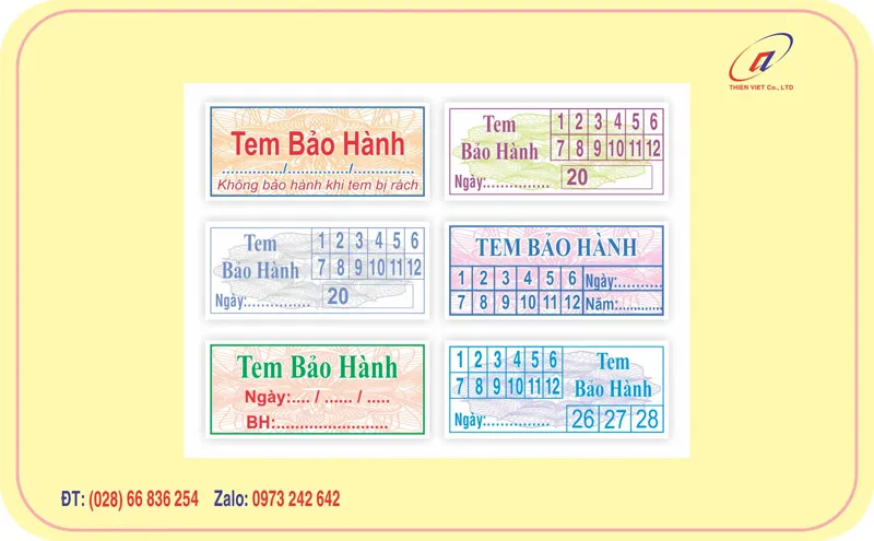 Mẫu in tem bảo hành hình chữ nhật thực tế dán thiết bị điện tử
